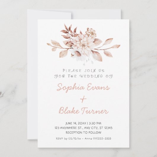 Moderne rustikale weiße Blumenhochzeit Einladung (Vorderseite)