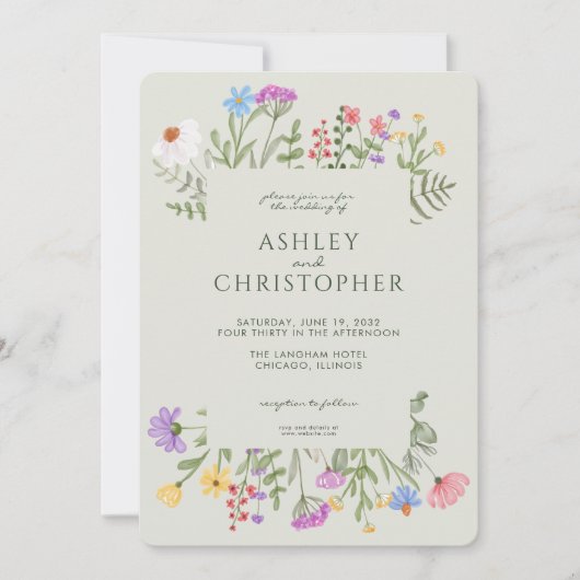 Moderne Rustikale Wildblume Border Soft Sage Weddi Einladung (Vorderseite)