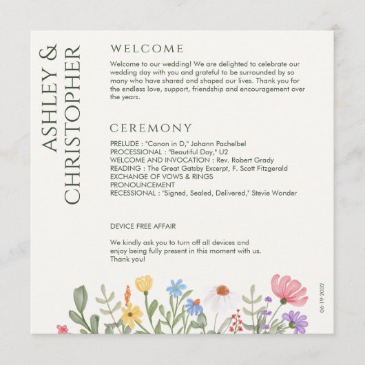 Moderne Rustikale Wildblume Hochzeit Programm (Vorderseite)