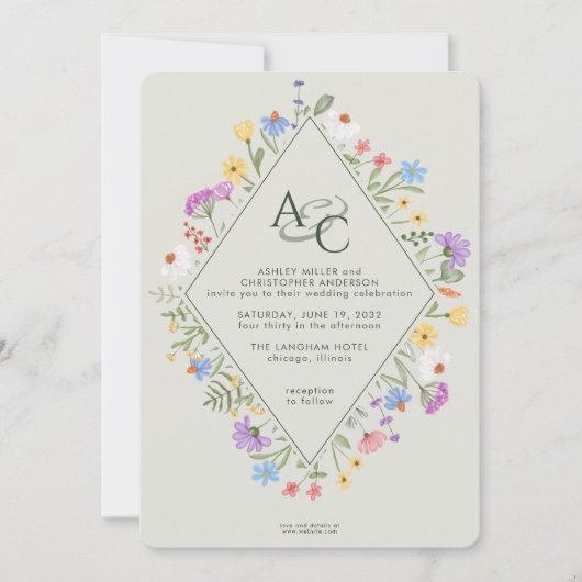 Moderne Rustikale Wildblume Monogram Sage Wedding Einladung (Vorderseite)