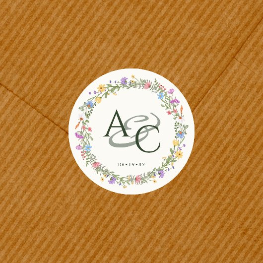 Moderne Rustikale Wildblume Monogram Wedding Runder Aufkleber