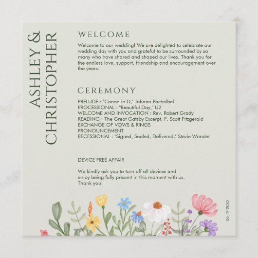 Moderne Rustikale Wildblume Soft Sage Wedding Programm (Vorderseite)