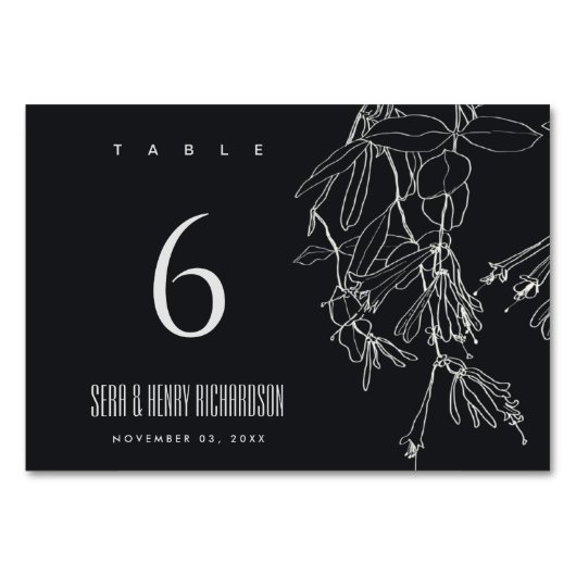 MODERNE RUSTIKSCHWARZE LINIE ZEICHNEND BLUMENFLÄCH TISCHNUMMER (Rückseite)