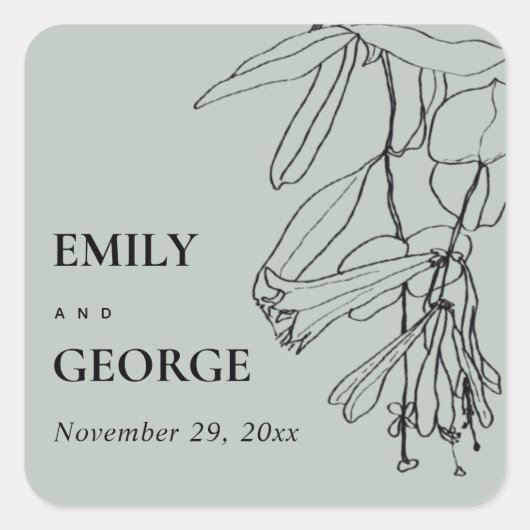 MODERNE RUSTISCHE GrauLINIE ZEICHNEND BLUMENWANDEL Quadratischer Aufkleber (Vorderseite)