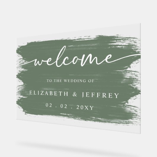 Moderne Sage Brush Strokes Wedding Willkommen Acrylschild (Winkel)