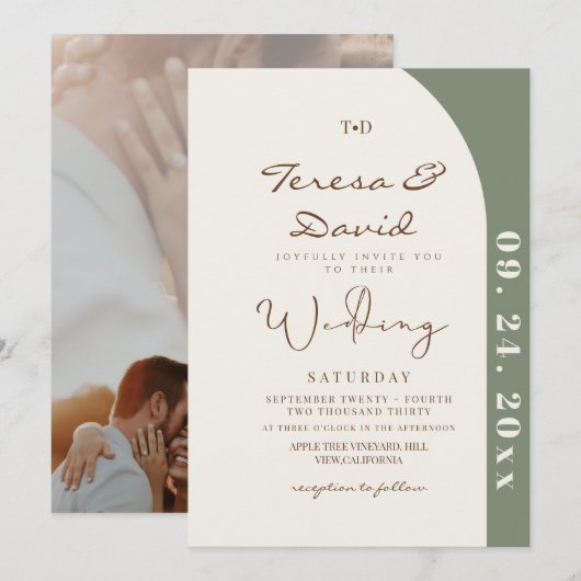 Moderne Sage-Foto-Hochzeit Einladung (Vorne/Hinten)