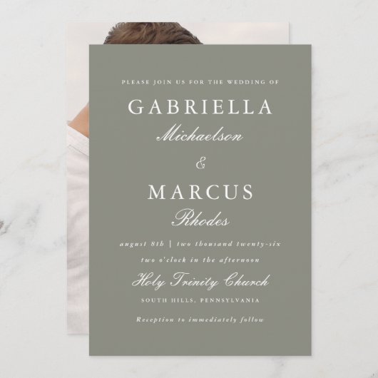 Moderne Sage Foto Hochzeit Einladung (Vorne/Hinten)