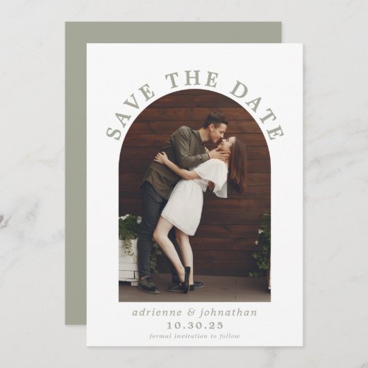 Moderne Sage Green Boho Arch Foto Hochzeit Save The Date (Vorne/Hinten)