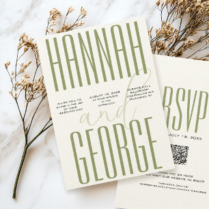 Moderne Sage Green & Ecru Simple QR Code Hochzeit Einladung