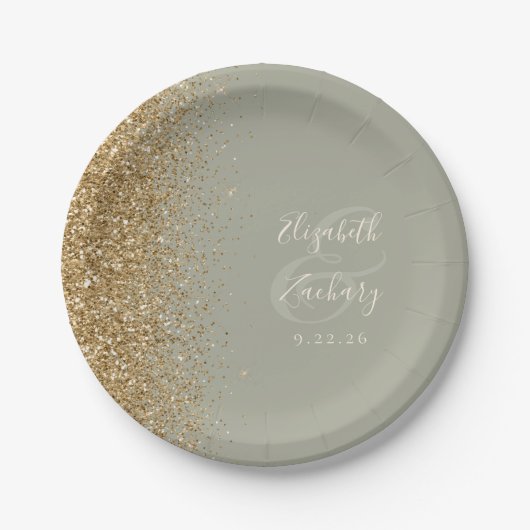 Moderne Sage Green Gold Glitzer Edge Wedding Pappteller (Vorderseite)