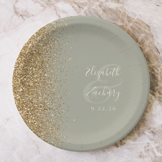 Moderne Sage Green Gold Glitzer Edge Wedding Pappteller
