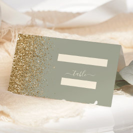Moderne Sage Green Gold Glitzer Edge Wedding Platzkarte