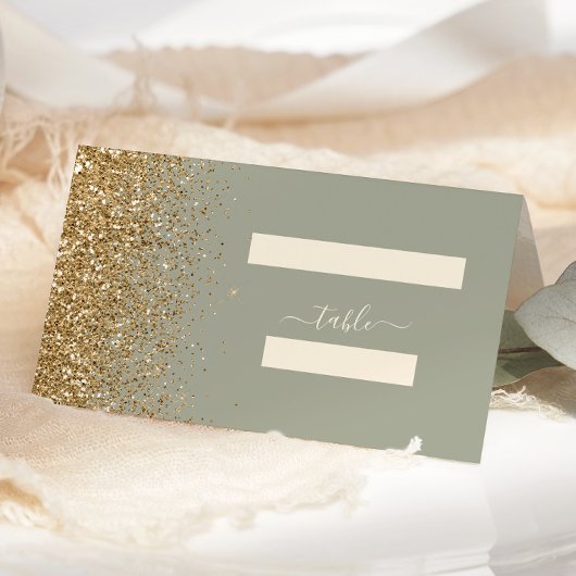 Moderne Sage Green Gold Glitzer Edge Wedding Platzkarte