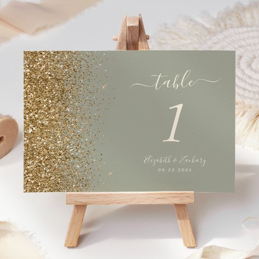 Moderne Sage Green Gold Glitzer Edge Wedding Tischnummer