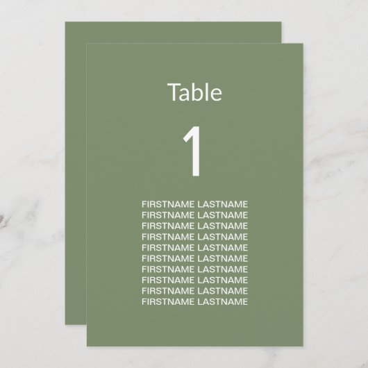 Moderne Sage Green Guest Names Table Card (Vorne/Hinten)