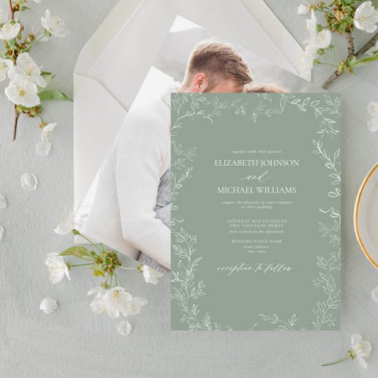 Moderne Sage Green Minimal Leaf Foto Hochzeit Einladung