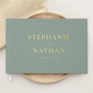 Moderne Sage Green Minimalistisch Gold Foil Hochze Gästebuch