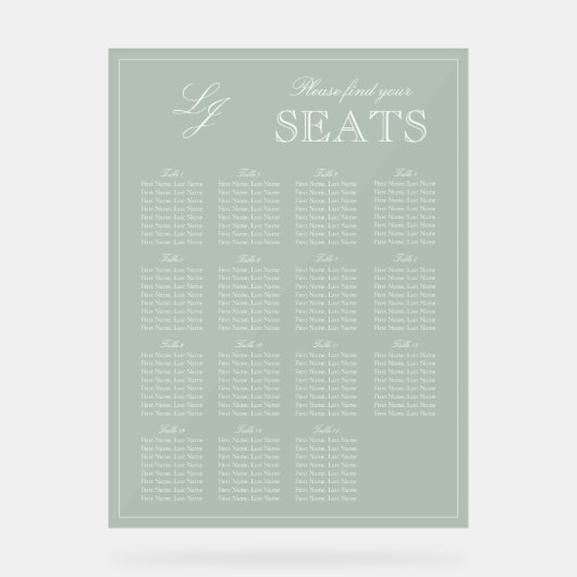 Moderne Sage Green Monogram Script Hochzeitssitz Acrylschild (Vorderseite)