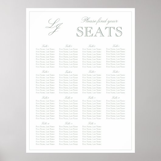 Moderne Sage Green Monogram Script Hochzeitssitz Poster (Vorne)