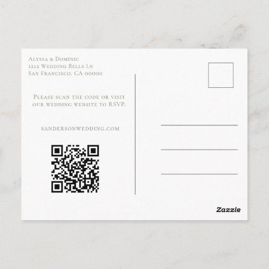Moderne Sage Green QR Code UAWG Online Hochzeit Postkarte (Rückseite)