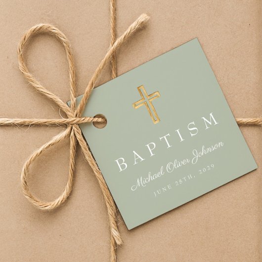 Moderne Sage Green Religious Cross Script-Taufe Geschenkanhänger