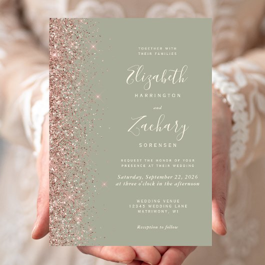 Moderne Sage Green Rose Gold Glitzer Edge Wedding Einladung