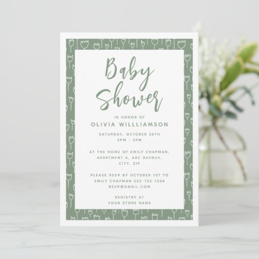 Moderne Sage Green Script Baby Dusche Einladung (Stehend Vorderseite)