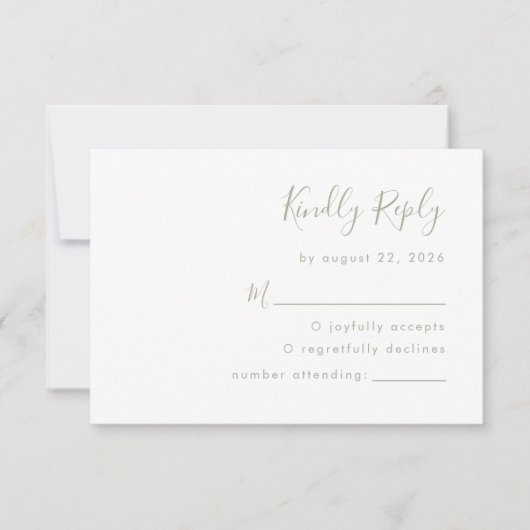 Moderne Sage Green Script Hochzeit RSVP Karte (Vorderseite)