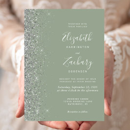 Moderne Sage Green Silver Glitzer Edge Wedding Einladung