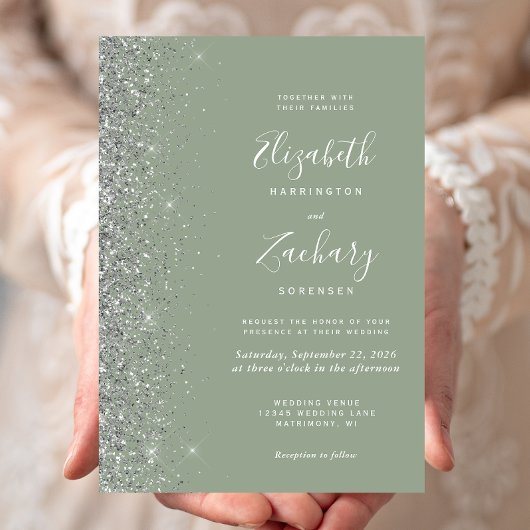 Moderne Sage Green Silver Glitzer Edge Wedding Einladung