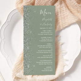 Moderne Sage Green Silver Glitzer Edge Wedding Menükarte