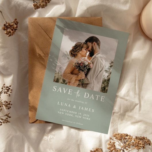 Moderne Sage Green Simple Foto Hochzeit Save The Date