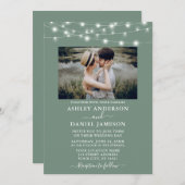 Moderne Sage Green String Lights Foto Hochzeit Einladung (Vorne/Hinten)