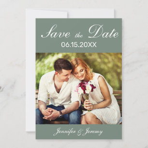 Moderne Sage Green White Script Foto Hochzeit Save The Date