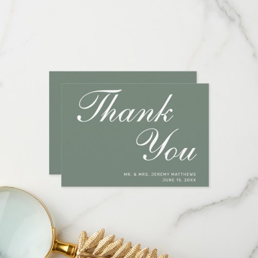 Moderne Sage Green White Script Hochzeit Dankeskarte (Vorderseite/Rückseite Beispiel)
