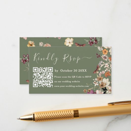 Moderne Sage Green Wildblume Qr Code UAwg Wedding Begleitkarte (Vorderseite/Rückseite Beispiel)