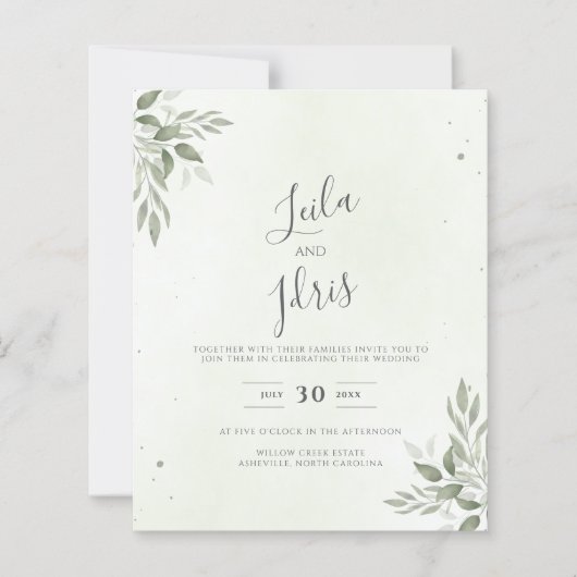Moderne Sage Greenery Budget-Hochzeitseinladung (Vorderseite)