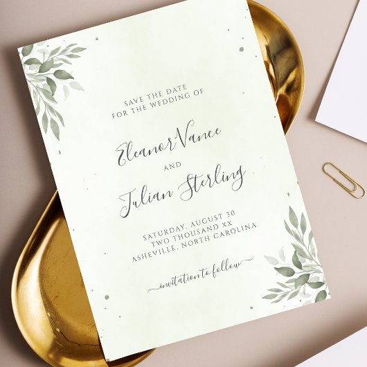 Moderne Sage Greenery Hochzeit Save The Date