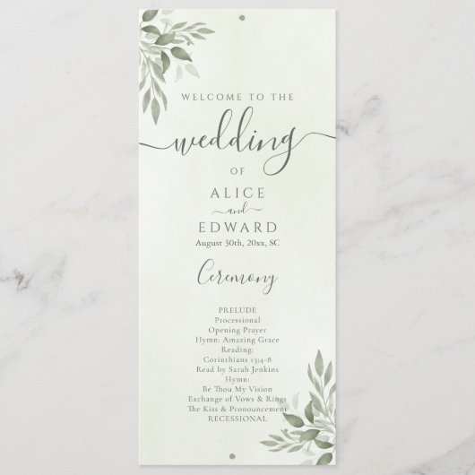 Moderne Sage Greenery Hochzeitsprogrammkarte Programm (Vorderseite)