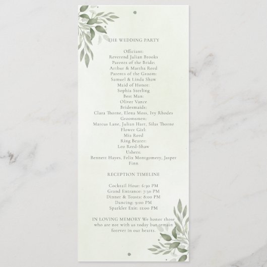 Moderne Sage Greenery Hochzeitsprogrammkarte Programm (Rückseite)
