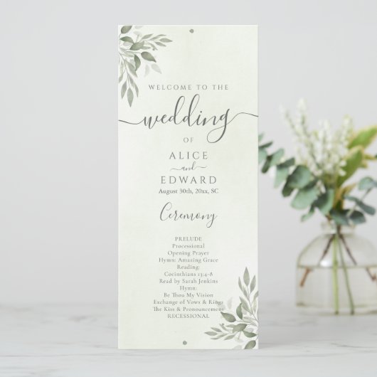 Moderne Sage Greenery Hochzeitsprogrammkarte Programm (Stehend Vorderseite)