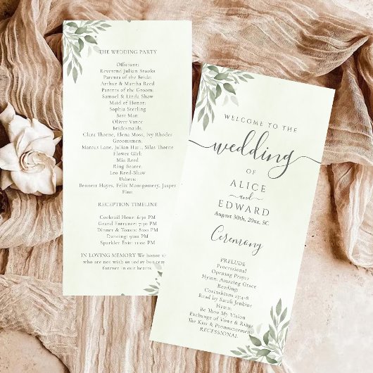Moderne Sage Greenery Hochzeitsprogrammkarte Programm
