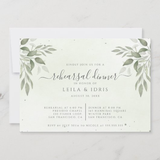 Moderne Sage Greenery Probe Dinner Einladung (Vorderseite)
