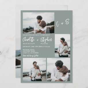 Moderne sage grün lässige Initialen 5 Fotos Hochze Einladung
