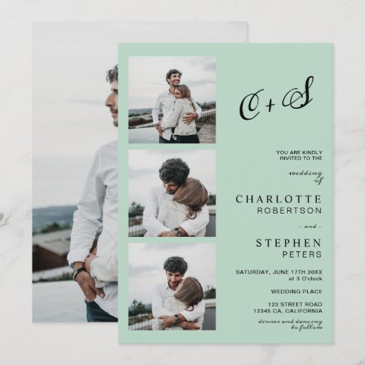 Moderne sage grün lässige Initialen Foto Hochzeit Einladung (Vorne/Hinten)