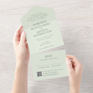 Moderne Sage-Grün-QR-Code Elegante Hochzeit All In One Einladung