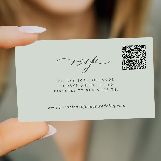 Moderne sage grüne QR Code Hochzeit RSVP Mini Begleitkarte