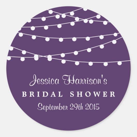 Moderne Saitenleuchten auf Lila Brautparty Runder Aufkleber (Vorderseite)