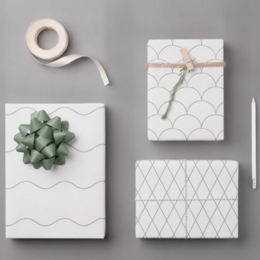 Moderne Salbei 3er-Pack Scallop Wave Diamant Geschenkpapier Set