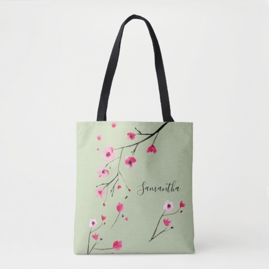 Moderne Salbei-Aquarellkirschblüten Name Tasche (Vorderseite)